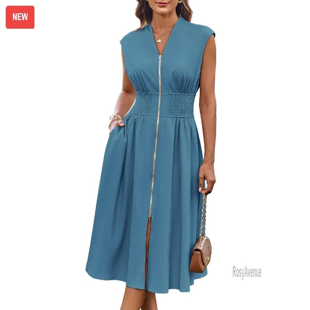 Work Dress with Pockets, Cap Sleeve Midi, Zipper Front, Flowy Fit